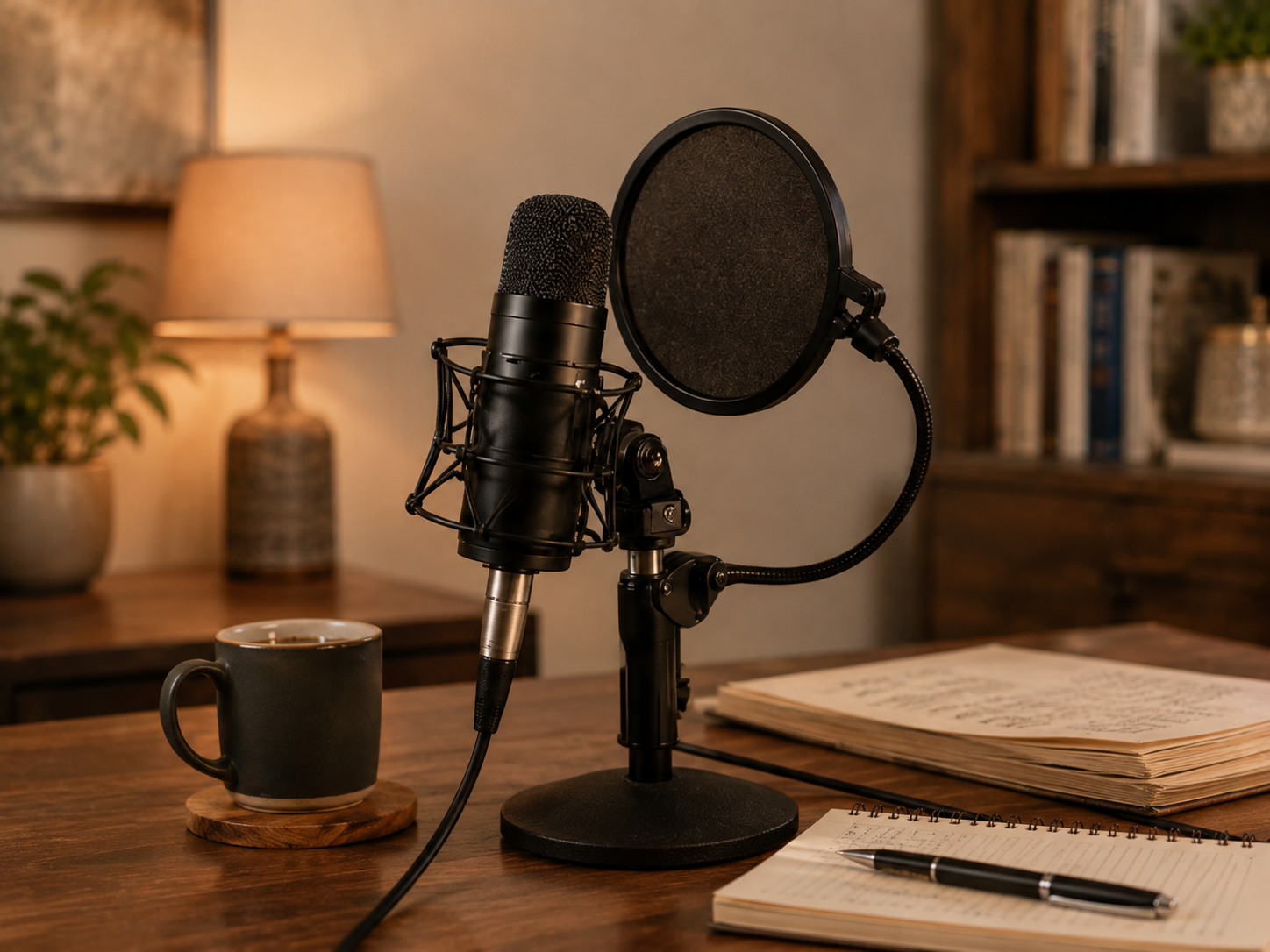 A podcast microphone in a warm studio setting.