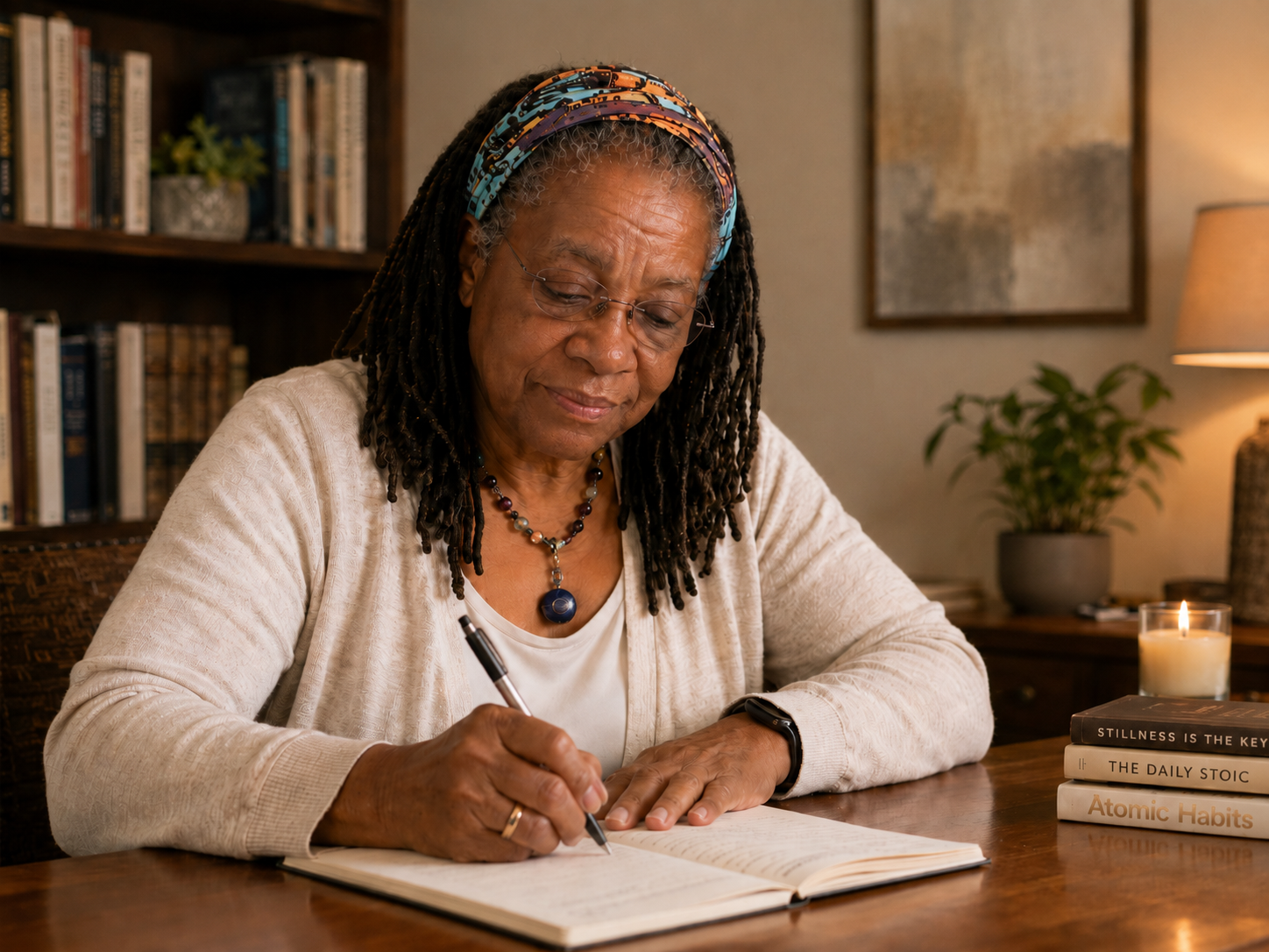 A woman writing at a desk in a warm room.